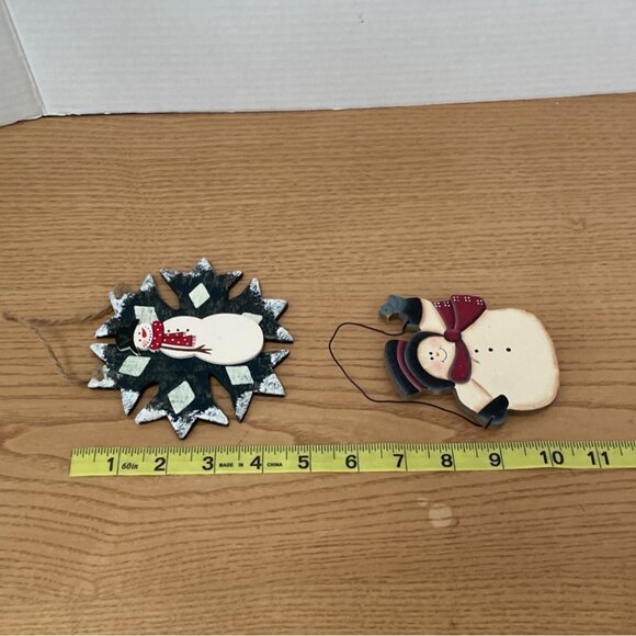 Vintage Snowman Wooden Hanging Ornament Set 2 Rustic Primitive Christmas Decor - Picture 5 of 5